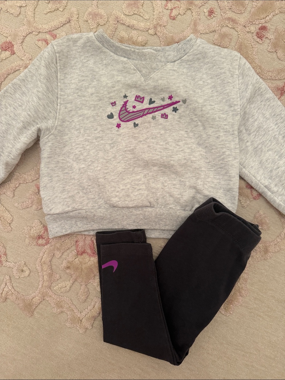 Nike Gray Sweatshirt and Black Leggings Set with Purple Accents